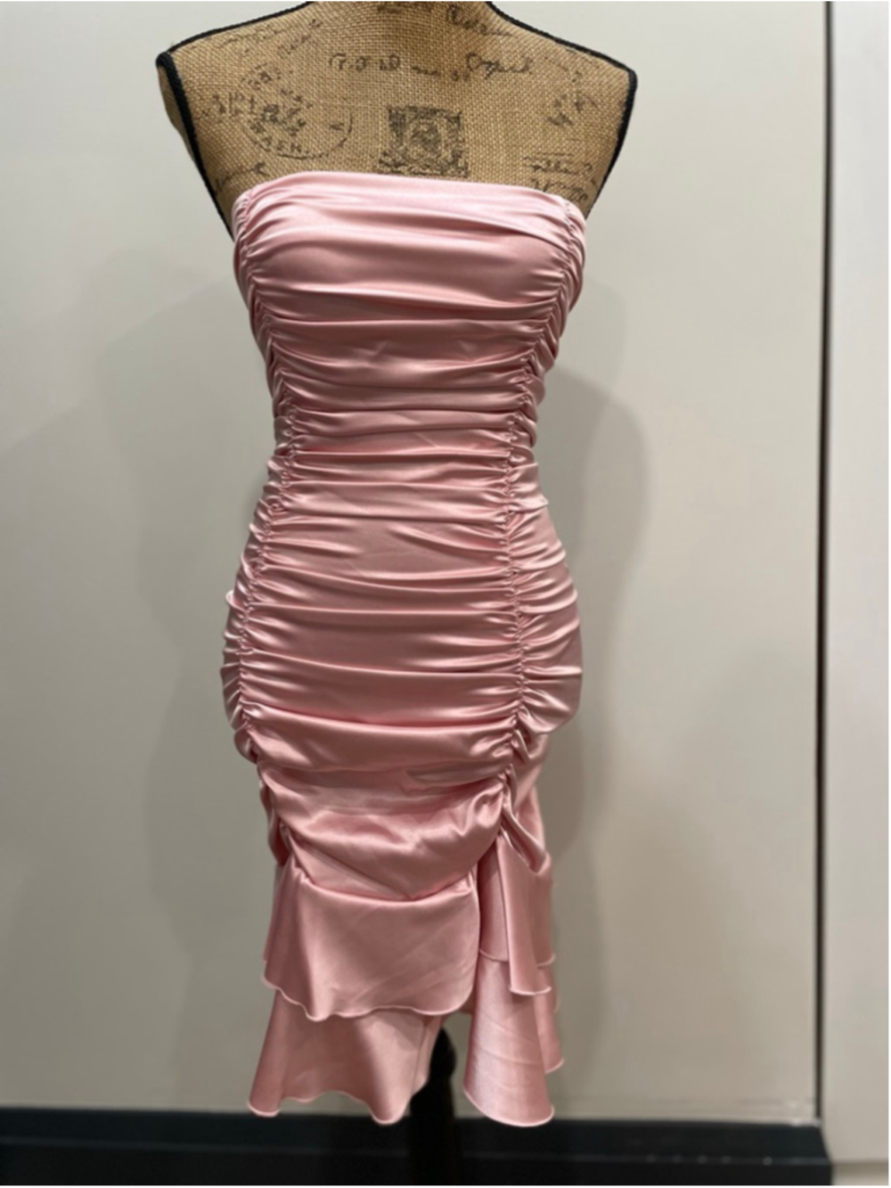 Vintage Jessica McClintock Satin Pink Strapless Ruched Ruffle Dress 4 Glam Party
